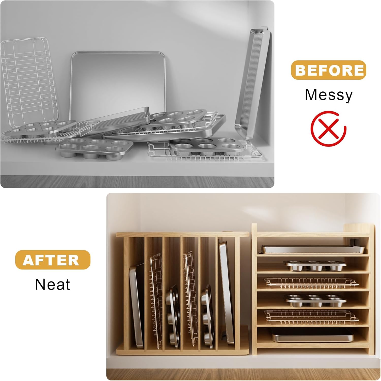 Wooden Bakeware Tray Divider O - Kitchen Cabinet Baking Sheet Organizer review and price